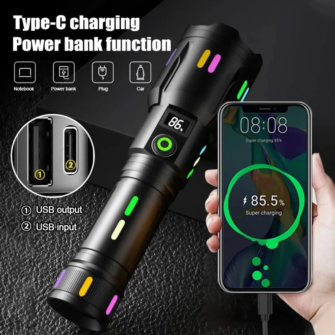 Lampe de Poche LED Rechargeable par USB à Haute Puissance, Longue Portée de 2500m, Zoom, Torche de Pêche, d