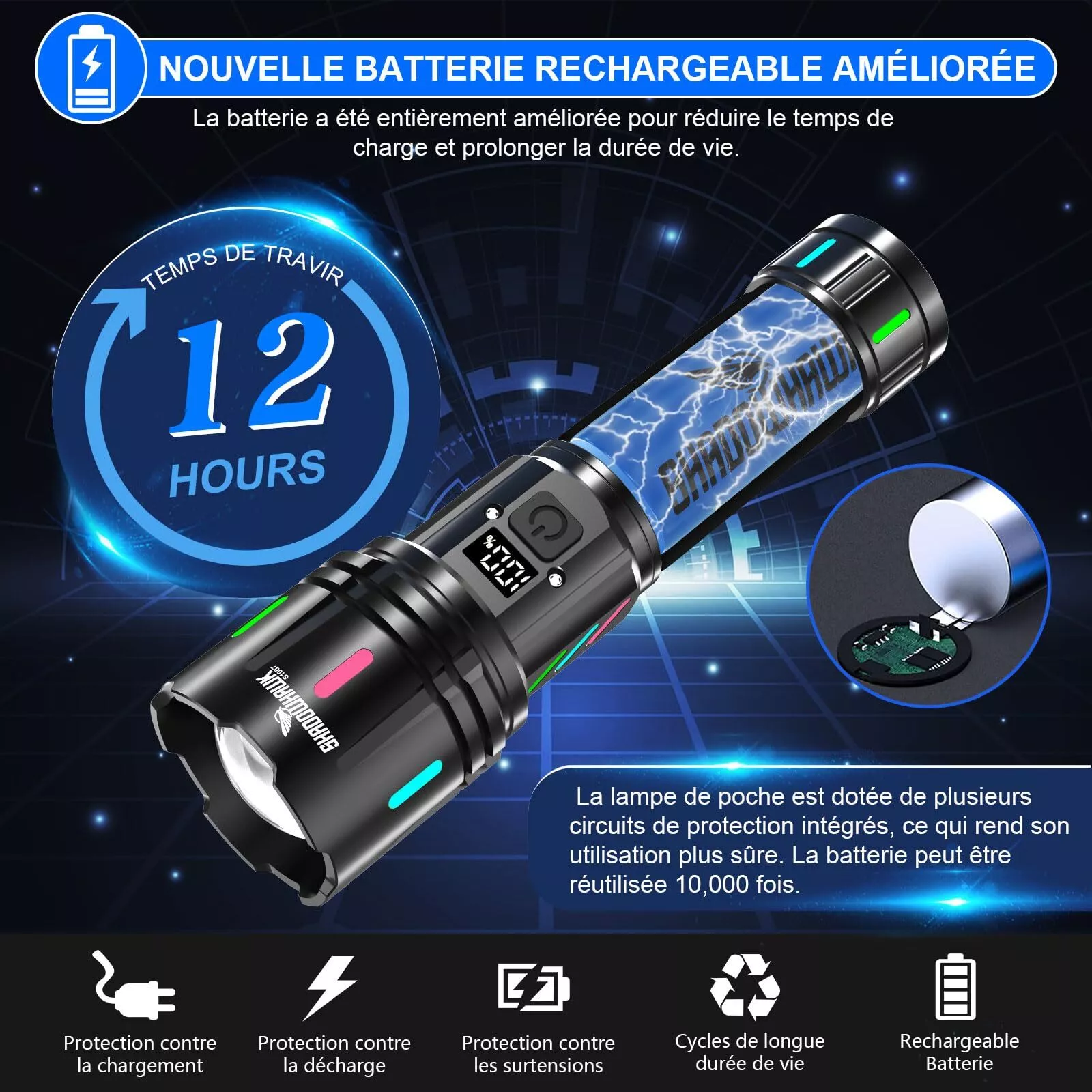 Lampe de Poche LED Rechargeable par USB à Haute Puissance, Longue Portée de 2500m, Zoom, Torche de Pêche, d