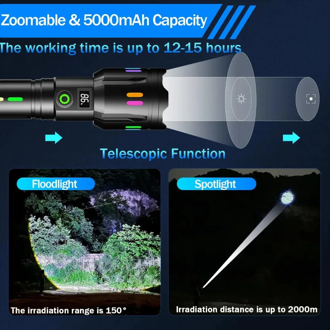 Lampe de Poche LED Rechargeable par USB à Haute Puissance, Longue Portée de 2500m, Zoom, Torche de Pêche, d