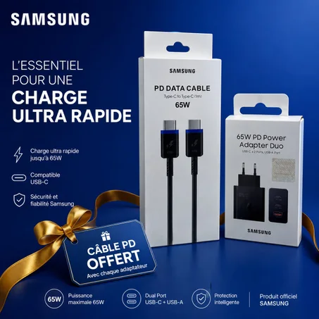 Chargeur Rapide Samsung Original 65W PD DUO avec Cable PD  & Data Cable USB-C To USB-C (1m) 65W Offert en Cadeau