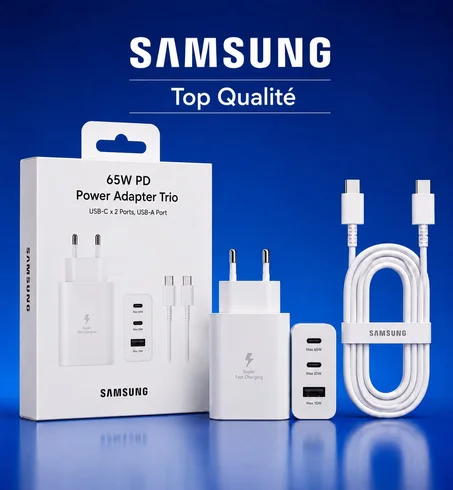 Chargeur Rapide Top Qualité  Samsung 65W PD Trio avec Câble de charge USB-C to USB-C