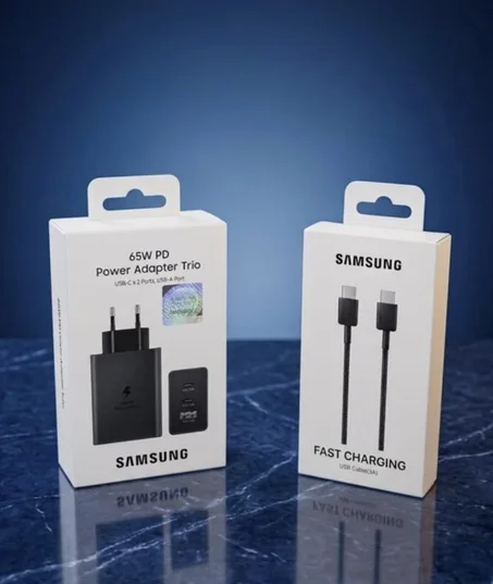 Chargeur rapide Samsung 65W PD Trio pour iPhone et Android adaptateur de tension triple 3 en 1 Top qualité avec un câble de charge 3A USB-C to USB-C offert en cadeau شاحن سريع أصلي 65 واط لهو