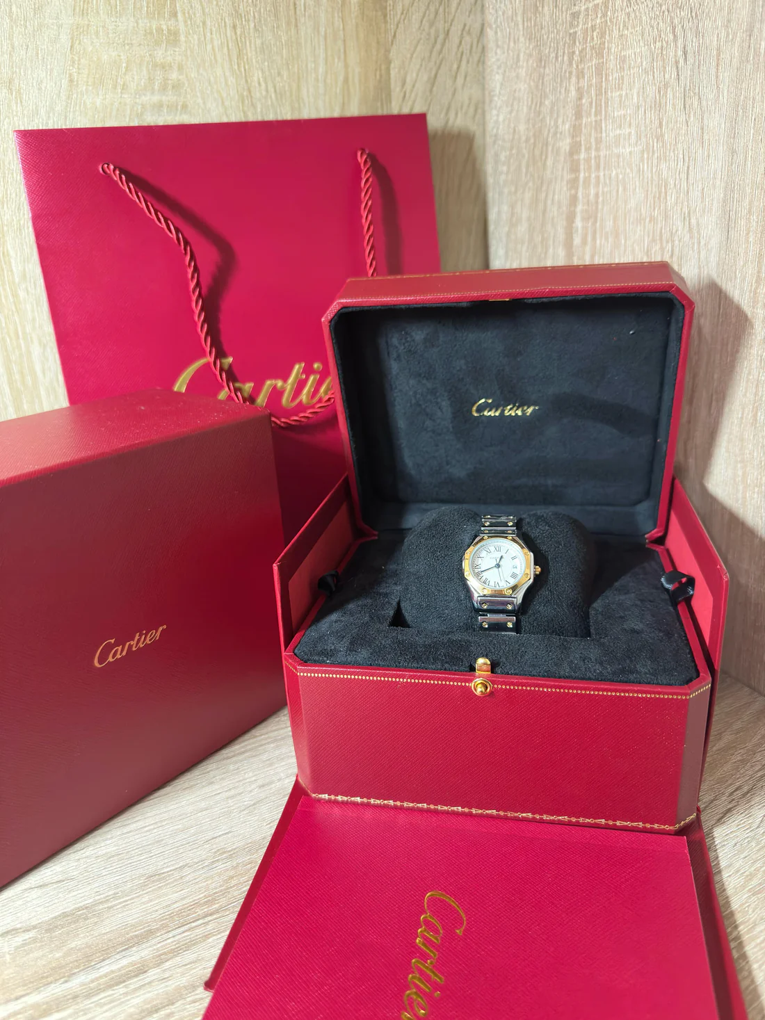 CARTIER SANTOS RONDE BLANC/OR ACIER FEMMES