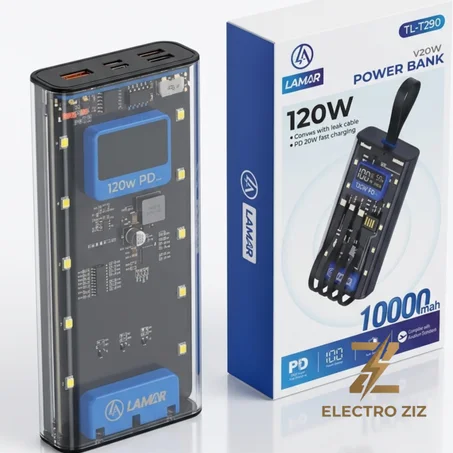 شاحن LAMAR الذكي بقوة 120W وسعة 10000mAh بالتصميم الشفاف وكابلات مدمجة