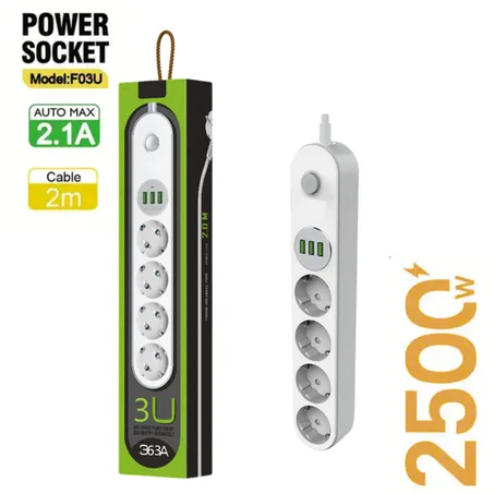 مقبس رباعي للطاقة مع 3 مداخل USB بسرعة شحن عالية مع كيبل 2 متر جودة عالية 3USB Anti-Static Power socket cable 2 mètre (ربح عملات 100دج)