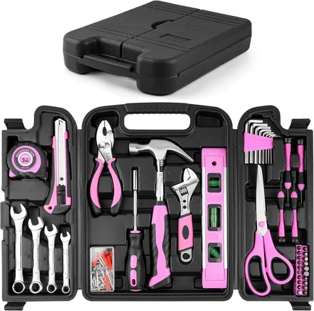 URASISTO Juego de herramientas para el hogar de 125 piezas, color rosa, juego de herramientas básicas para el hogar, garaje, oficina, universidad, dormitorio, kits de herramientas de mano par