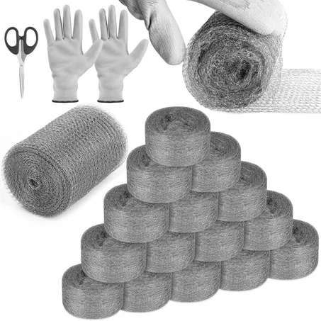 Control de ratones de lana de acero, paquete de 12 unidades de lana de acero de 3.2 pulgadas x 120 pies y relleno de malla inoxidable de 5 pulgadas x 30 pies, kit de bricolaje de relleno de a