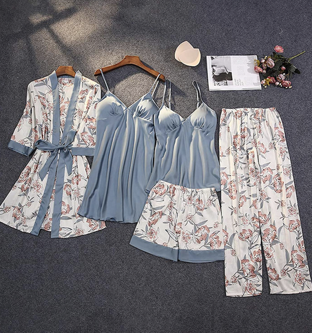 Ensemble 5 pièces satin de soie fleuri couleur : Gris