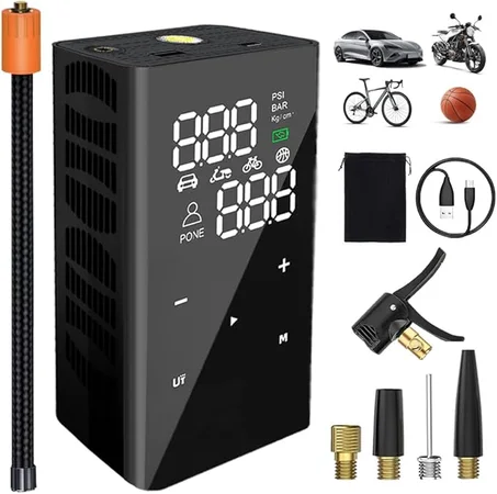 Inflador de Neumáticos Compresor de Aire Portátil, Bomba de Aire Eléctrica Inalámbrica 4 Veces Más Rápida para Neumáticos de Coche con Medidor de Presión Digital de Neumáticos, Accesorios par