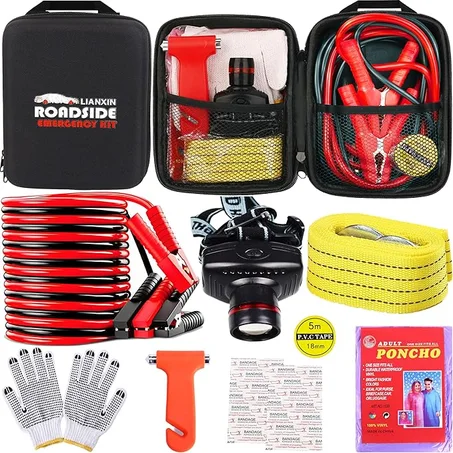 Kit de emergencia en carretera para auto, con cables de puente, kit automotriz, kit de asistencia en carretera para seguridad del auto, faros, cables de remolque, martillos de seguridad, ropa