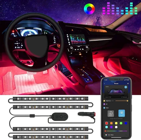 Govee - Luces para interior de auto, tira de luz Led para auto, diseño de dos líneas, impermeables, 4 unidades de 48 ledes, controlador de aplicaciones, kit de iluminación, multicolor, para m