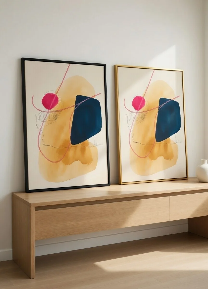 Canvas Premium, Art Abstrait Formes Jaune Rose & Bleu Nuit