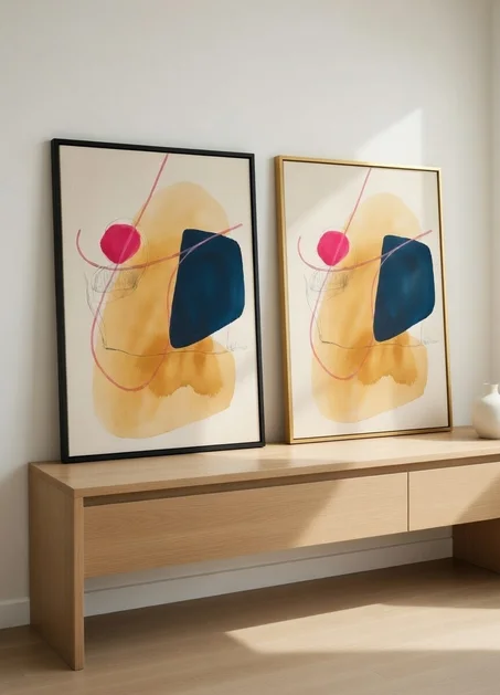 Canvas Premium, Art Abstrait Formes Jaune Rose & Bleu Nuit