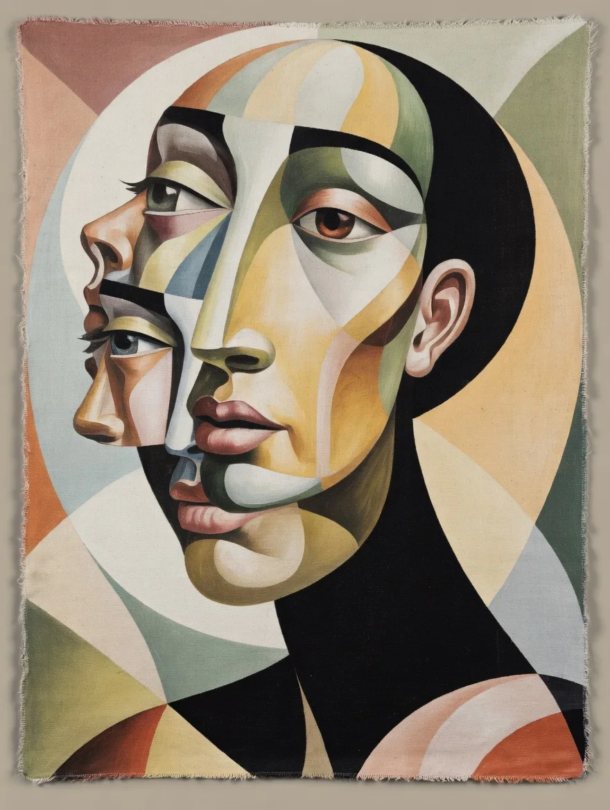 Tableau Canvas Portrait Cubiste Figuratif, Visages Superposés Tons Ocre & Vert