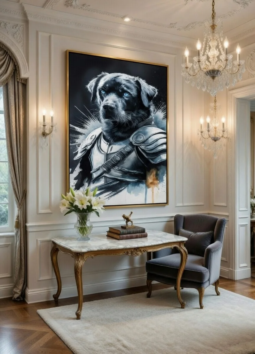 Tableau Canvas Chien Guerrier Portrait Labrador Noir Armure Art Mural Premium