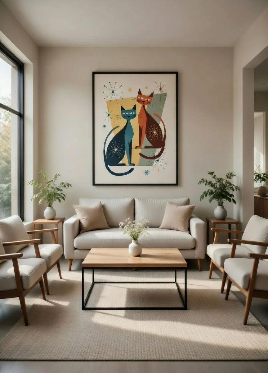 Tableau Chats Rétro Mid-Century Esprit urbain, Art Félin Vintage