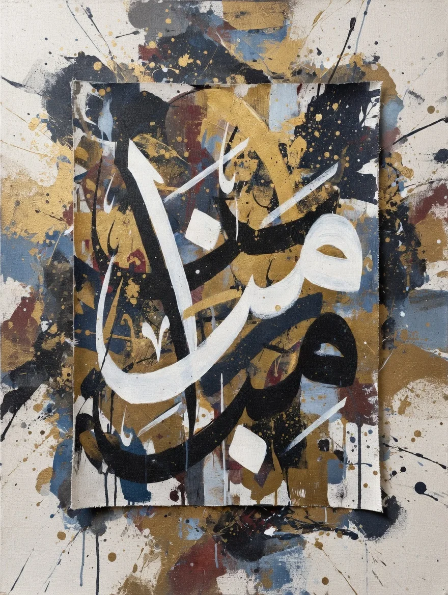 Tableau calligraphie arabe blanc or, Street art islamique urbain moderne.