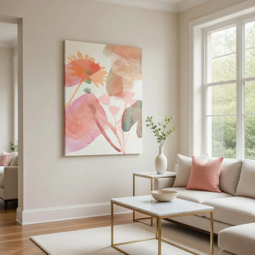 Tableau floral aquarelle rose pêche, Botanique abstrait doux féminin chic.