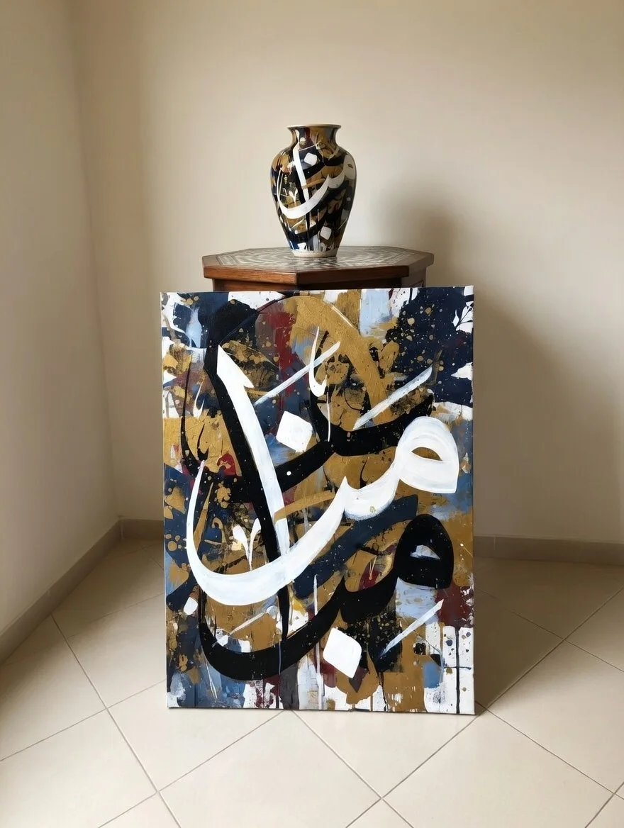 Tableau calligraphie arabe blanc or, Street art islamique urbain moderne.