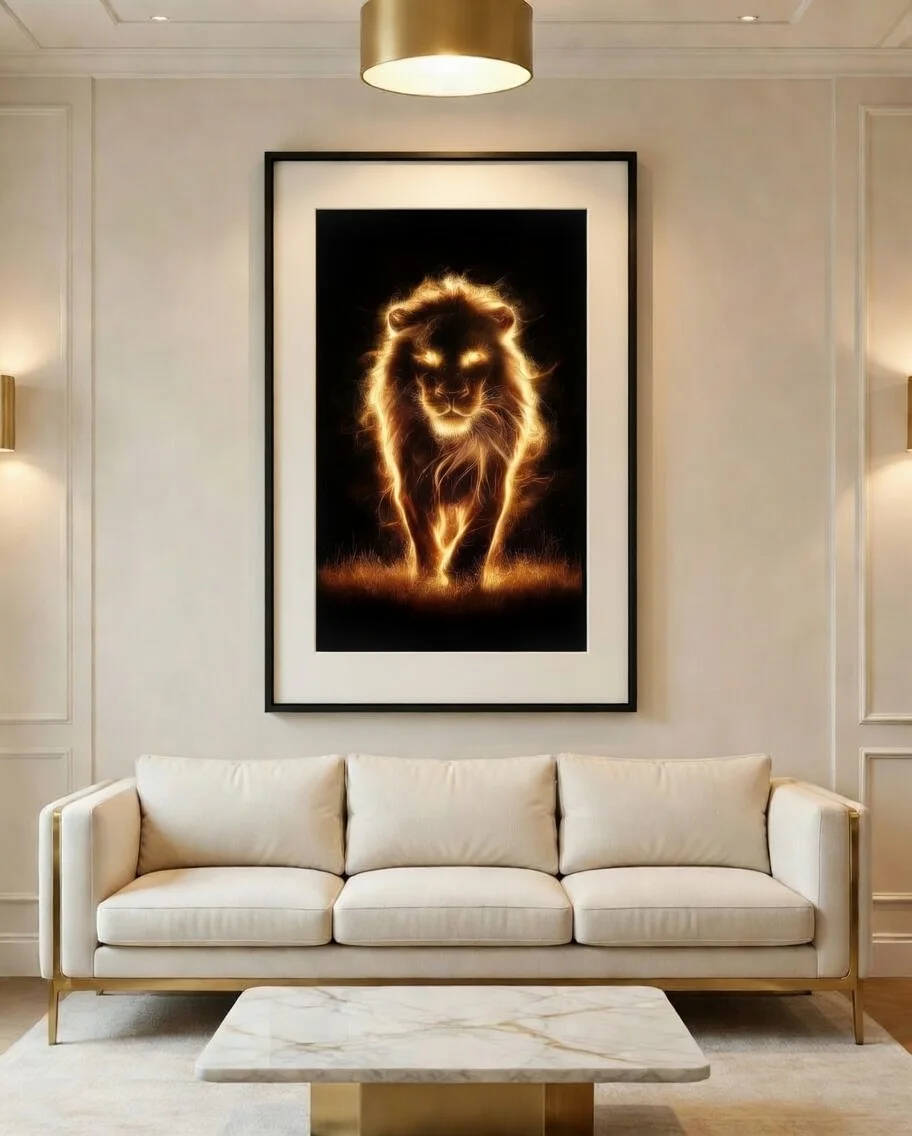 Poster Lion de Feu Doré, Décoration Murale Luxe Noir et Or