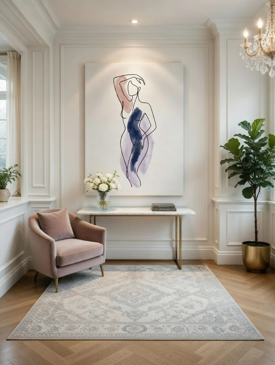 Tableau Canvas Silhouette Féminine Aquarelle Bleu Marine Mauve