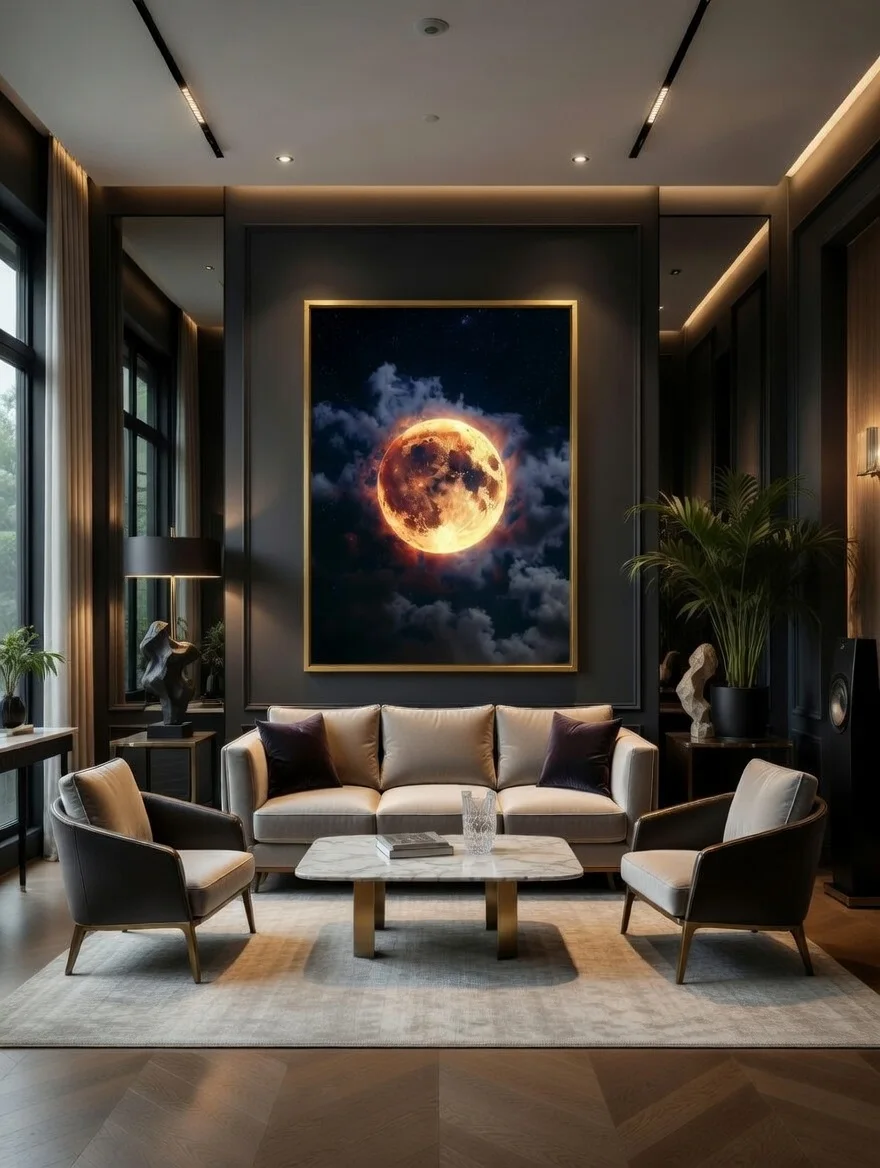 Poster Moderne Pleine Lune de Feu Ciel Nocturne Étoilé