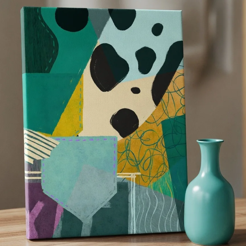 Tableau abstrait vert ocre – Collage géométrique art contemporain.