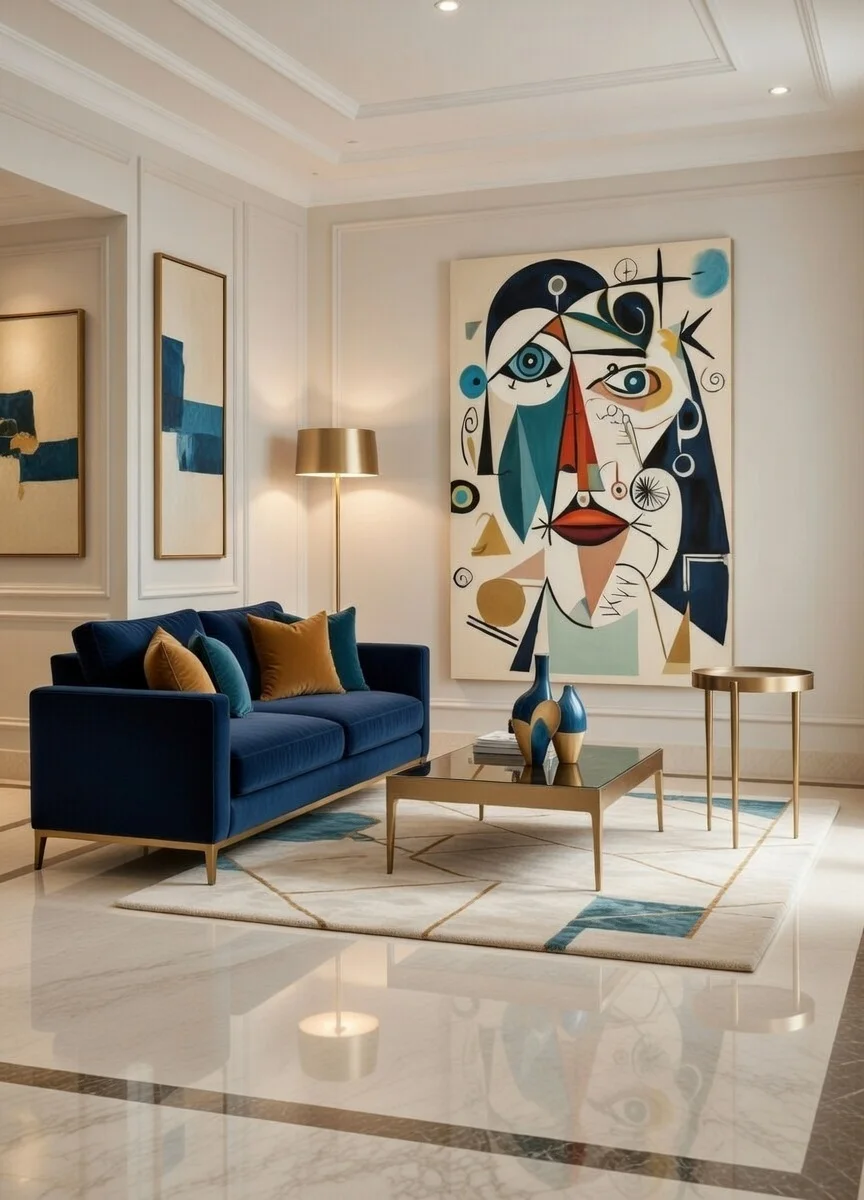 Toile Portrait Cubiste Abstrait Style Picasso – Bleu Rouge Doré