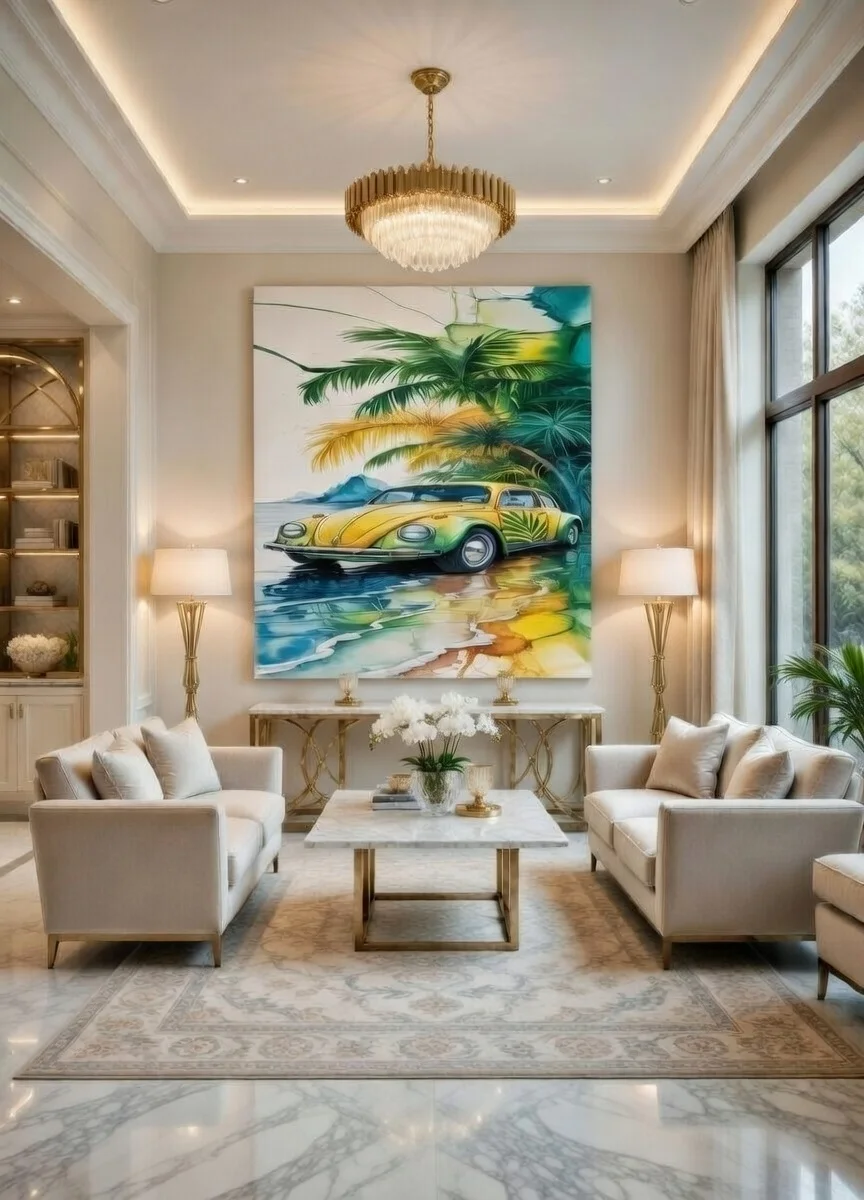 Tableau Canvas VW Coccinelle Vintage Plage Tropicale, Jaune & Vert