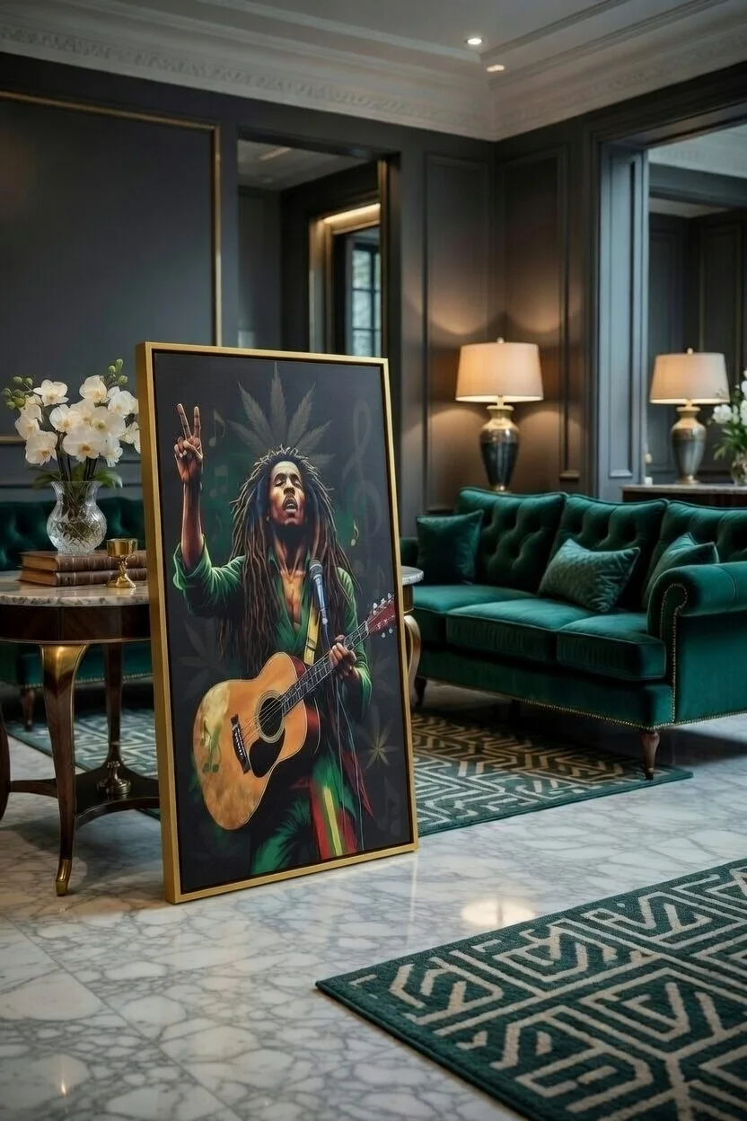 Tableau Canvas Reggae Musicien Rasta Art Mural Bob Marley Vert & Or