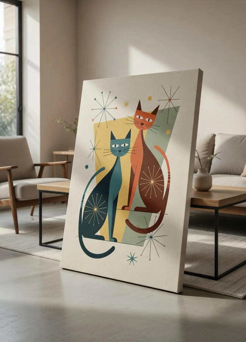 Tableau Chats Rétro Mid-Century Esprit urbain, Art Félin Vintage