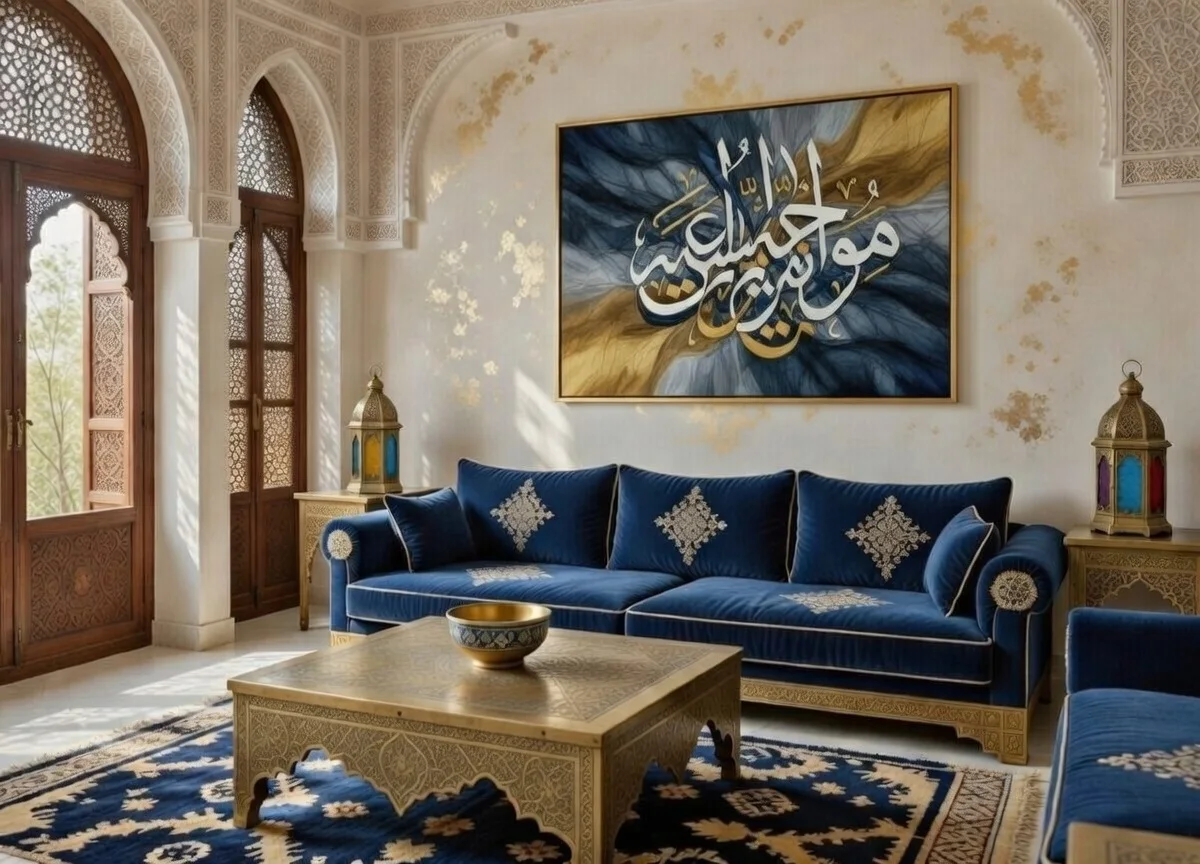 Calligraphie Arabe Islamique Bleue Dorée. Toile abstraite calligraphie arabe Premium.