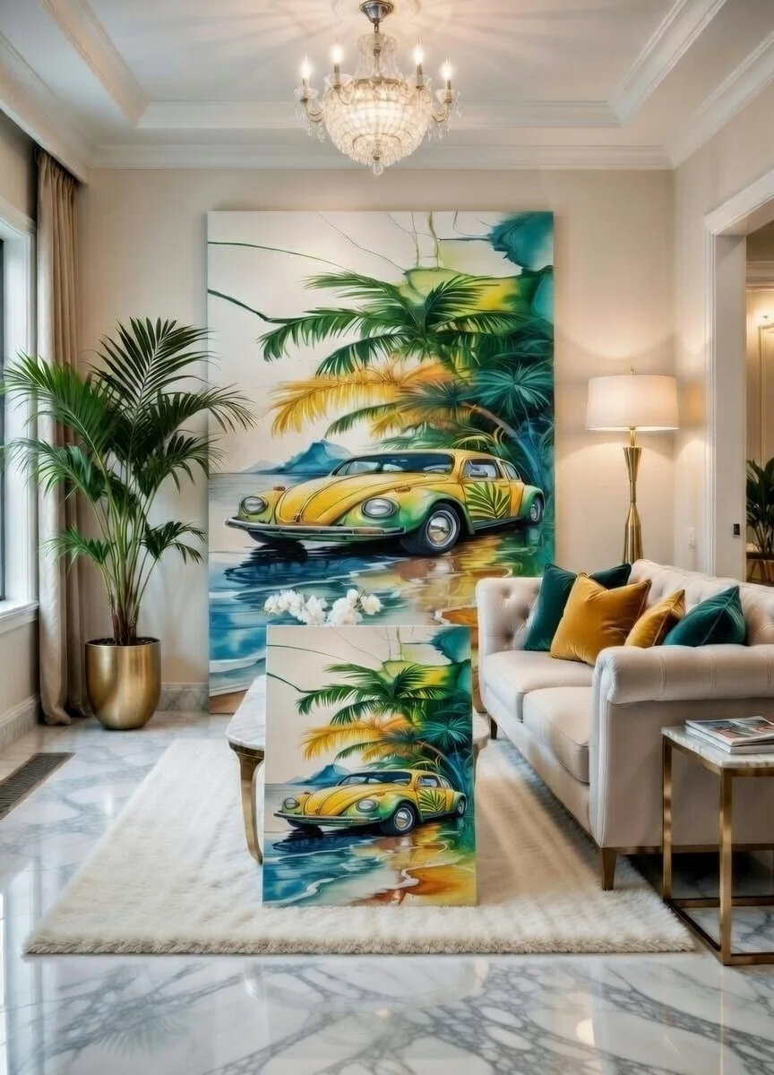 Tableau Canvas VW Coccinelle Vintage Plage Tropicale, Jaune & Vert