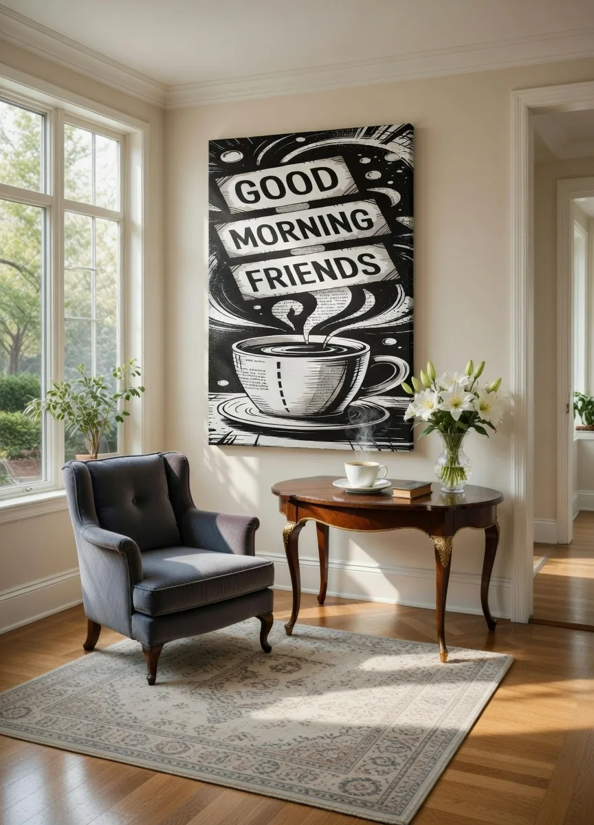 Tableau Canvas Good Morning Friends Art Café Noir & Blanc