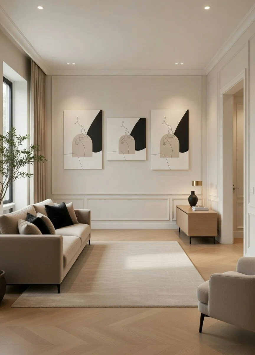 Toile Line Art Femme Minimaliste Beige Noir, Style Boho Chic.