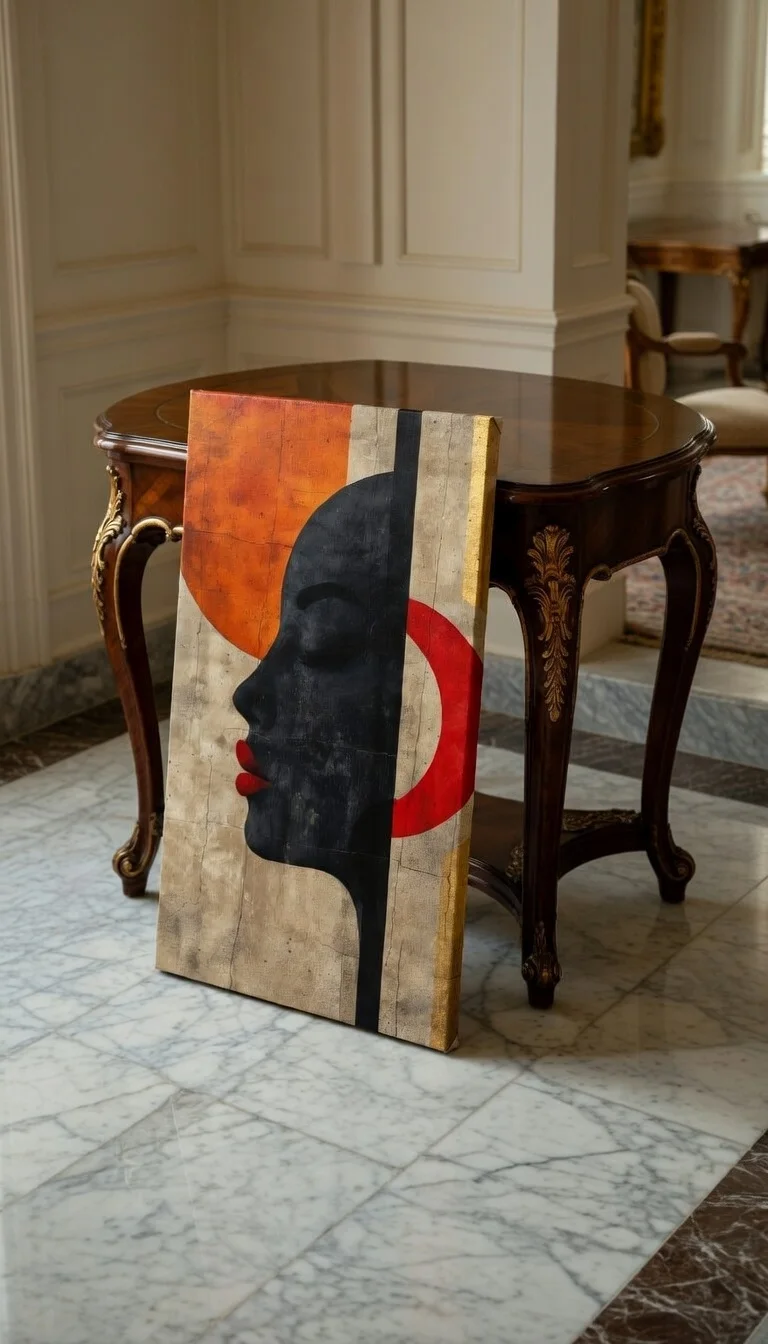 Tableau Canvas Abstrait Portrait Féminin Noir, Orange & Rouge, Art Moderne