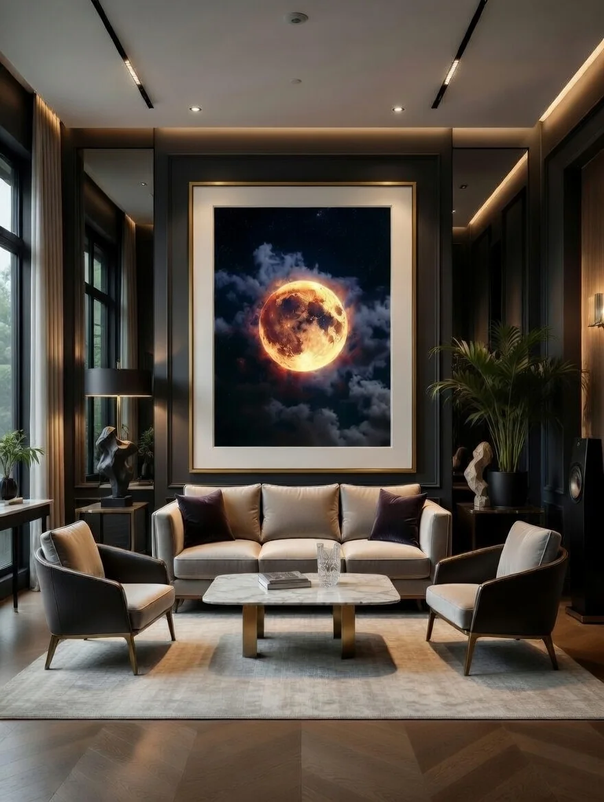 Poster Moderne Pleine Lune de Feu Ciel Nocturne Étoilé