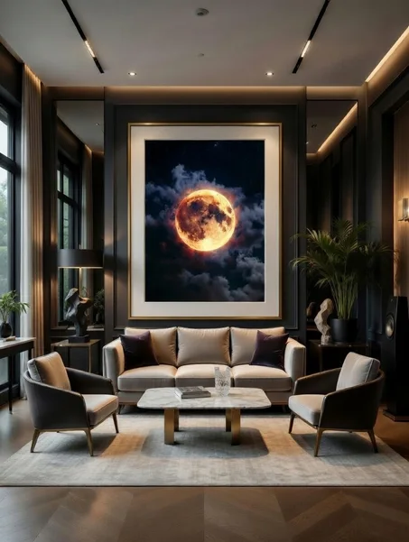 Poster Moderne Pleine Lune de Feu Ciel Nocturne Étoilé