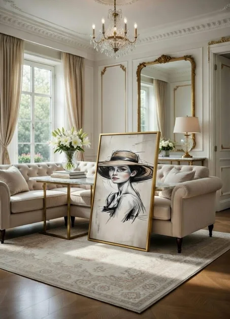 Tableau Canvas Femme au Chapeau Art Moderne Élégant Noir & Or