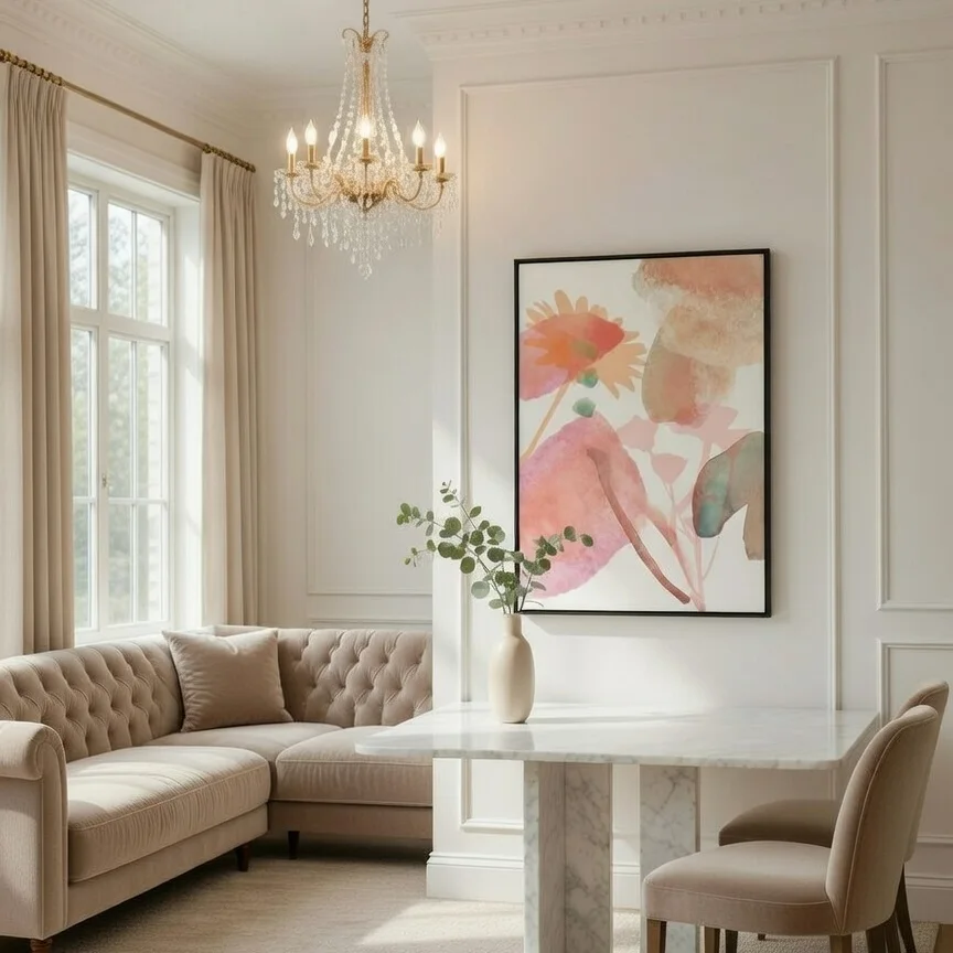 Tableau floral aquarelle rose pêche, Botanique abstrait doux féminin chic.