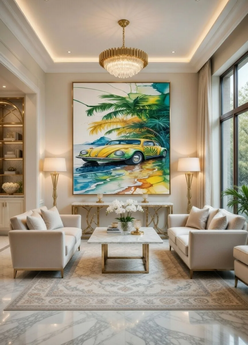 Tableau Canvas VW Coccinelle Vintage Plage Tropicale, Jaune & Vert