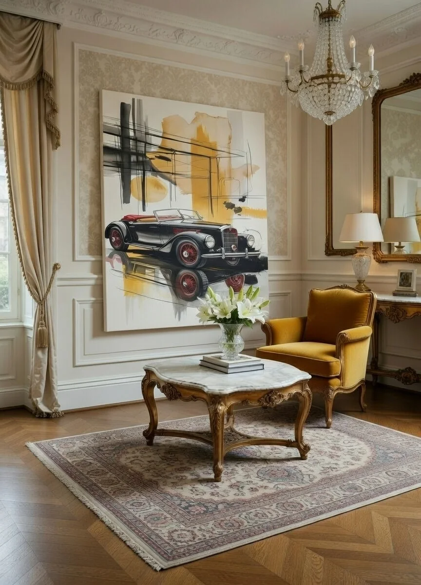 Tableau Canvas Cabriolet Vintage Noir Rouge Art Abstrait Or