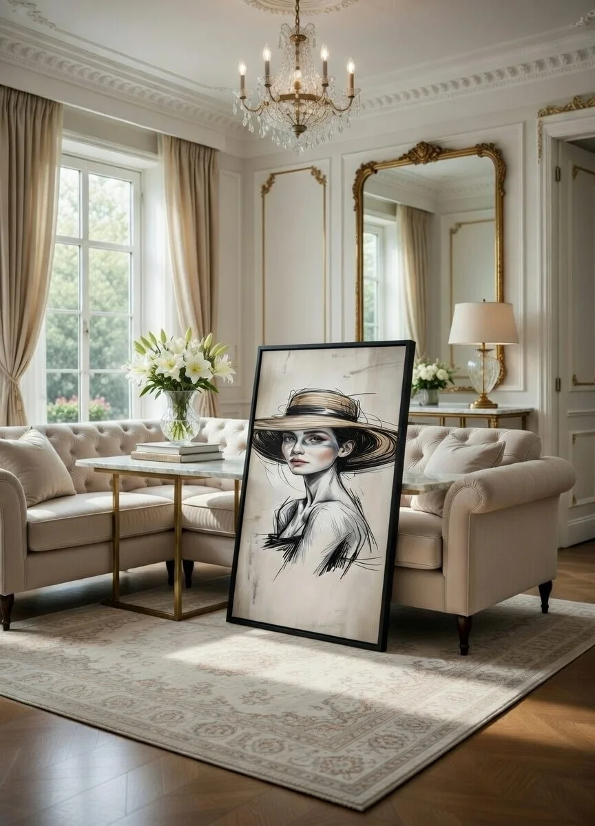 Tableau Canvas Femme au Chapeau Art Moderne Élégant Noir & Or