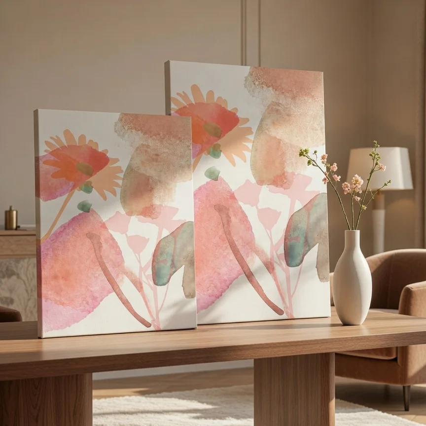 Tableau floral aquarelle rose pêche, Botanique abstrait doux féminin chic.