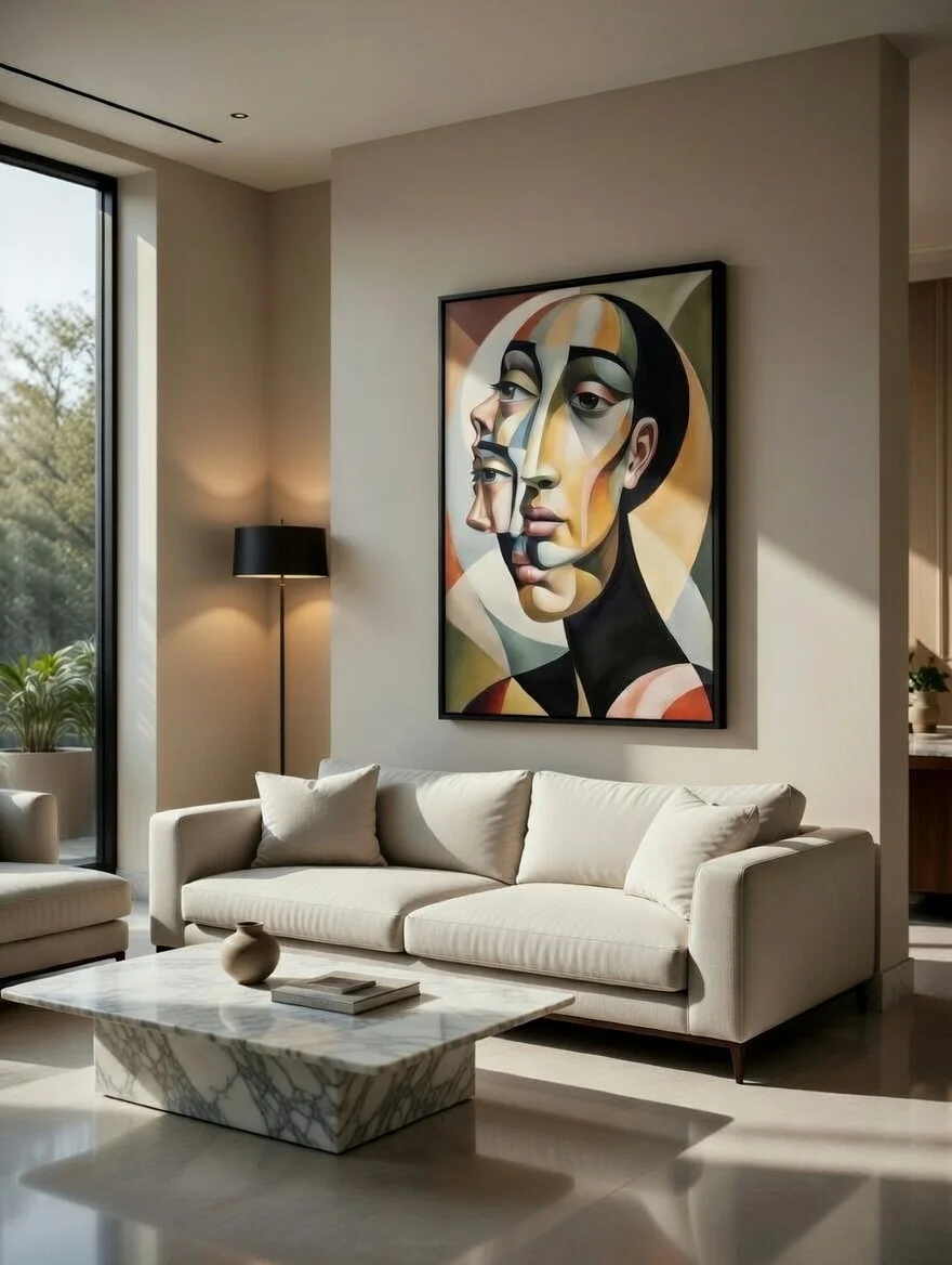 Tableau Canvas Portrait Cubiste Figuratif, Visages Superposés Tons Ocre & Vert