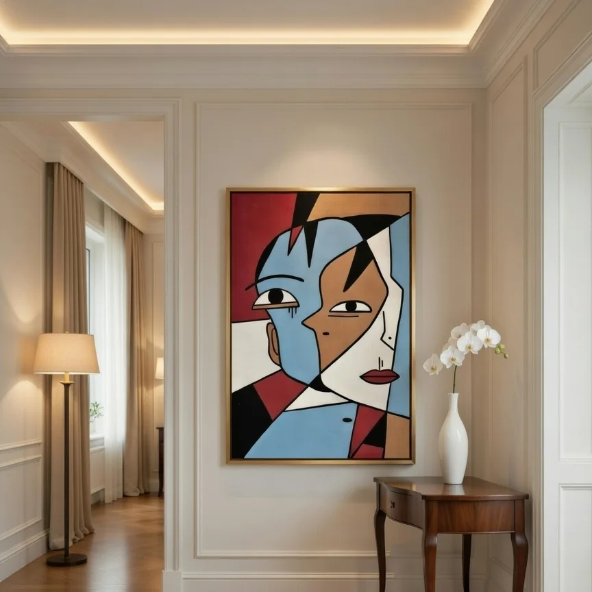 Tableau visage cubiste bleu ciel et rouge, Portrait abstrait style Picasso.