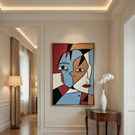 Tableau visage cubiste bleu ciel et rouge, Portrait abstrait style Picasso.