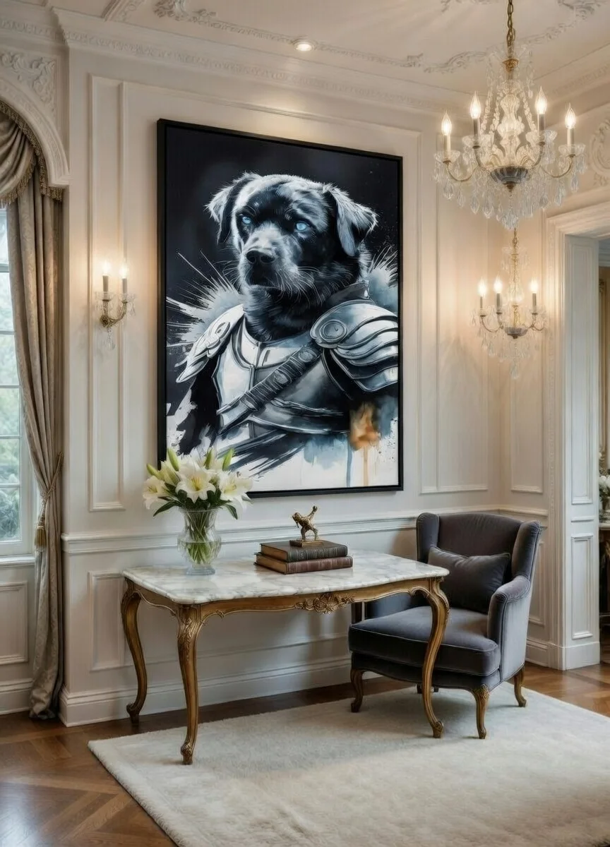 Tableau Canvas Chien Guerrier Portrait Labrador Noir Armure Art Mural Premium