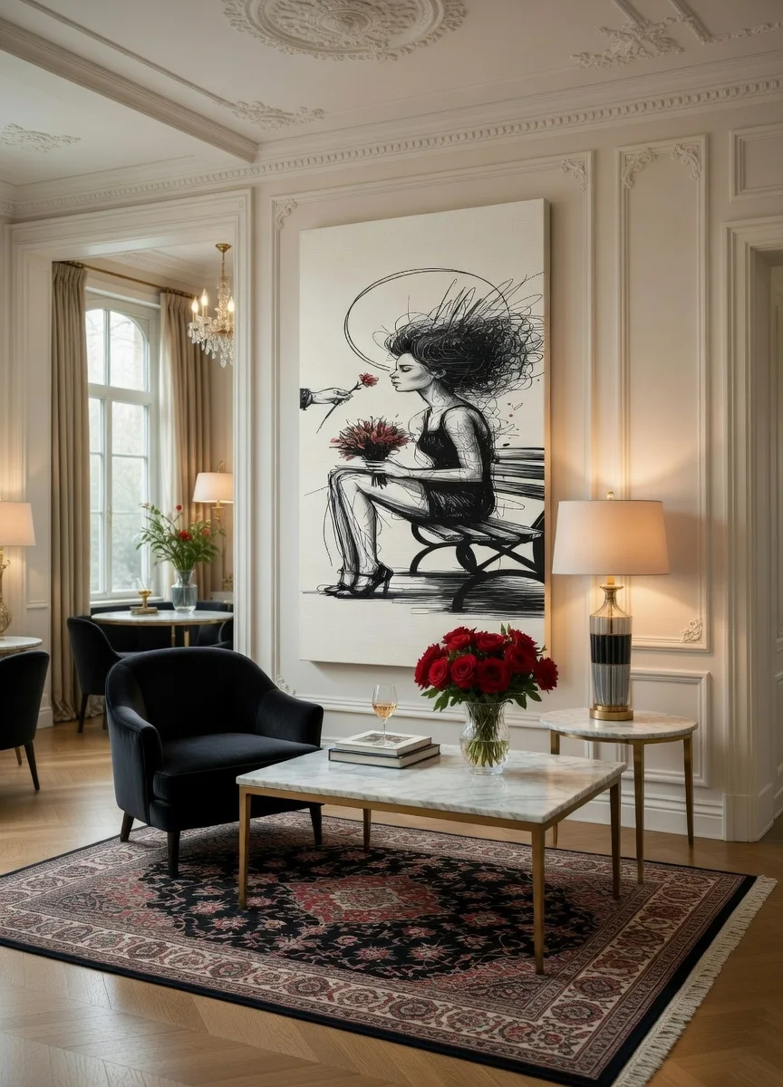 Tableau Canvas Femme Élégante au Bouquet Dessin Encre Noir & Rouge