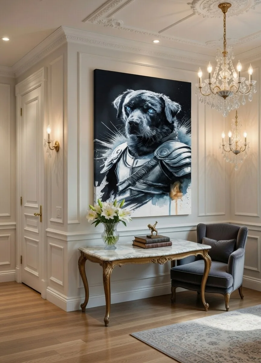 Tableau Canvas Chien Guerrier Portrait Labrador Noir Armure Art Mural Premium